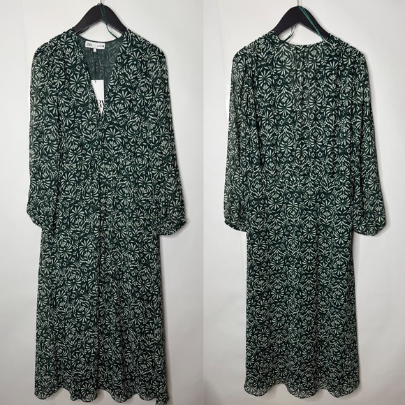 NWT Zara Printed Midi‎ Dress Green Large - Picture 2 of 12